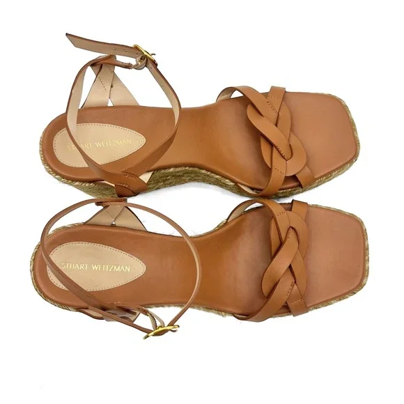 Stuart Weitzman Tan Braida Max Leather Espadrille Wedge Sandals Women's Size 9.5 - Picture 6 of 9